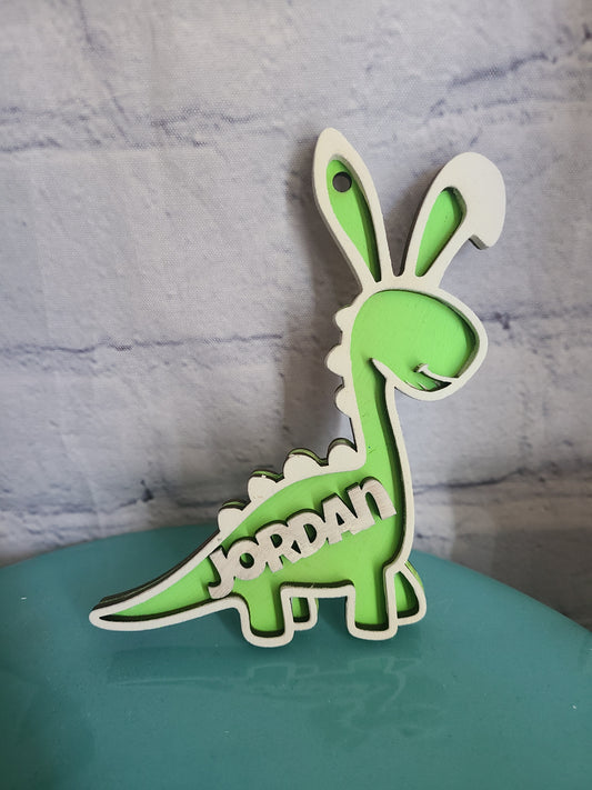 Wood Dinosaur Bunny Easter Basket Tag