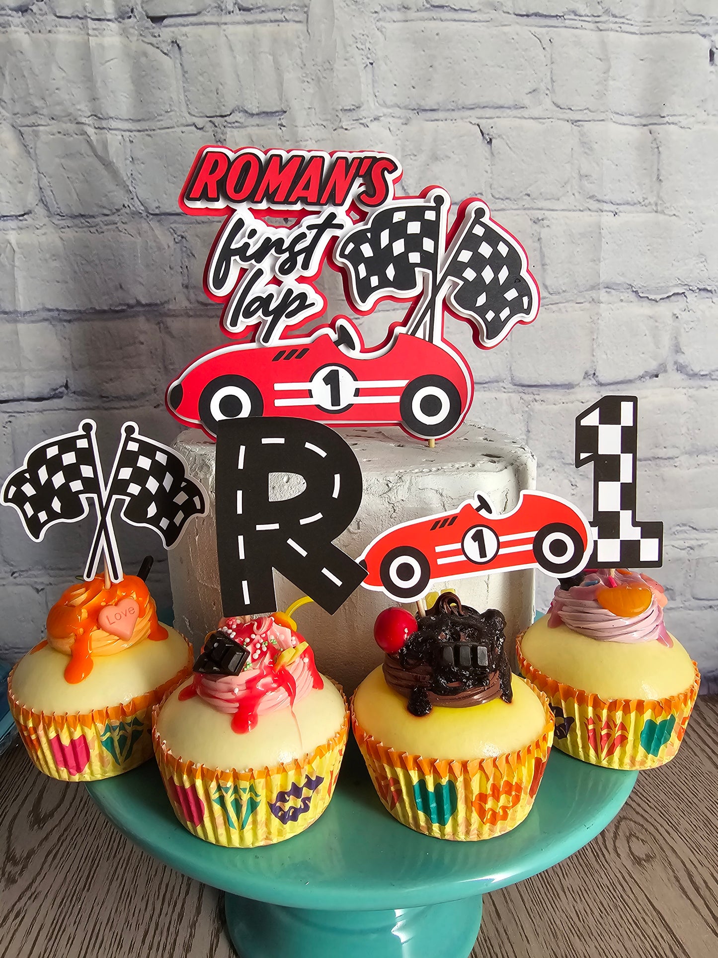 1st lap around the track vintage Racecar Birthday Fast One Racecar Birthday Cake Topper Banner