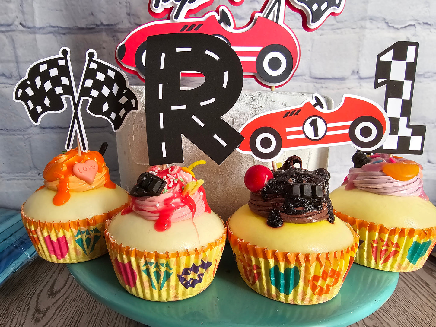 1st lap around the track vintage Racecar Birthday Fast One Racecar Birthday Cake Topper Banner