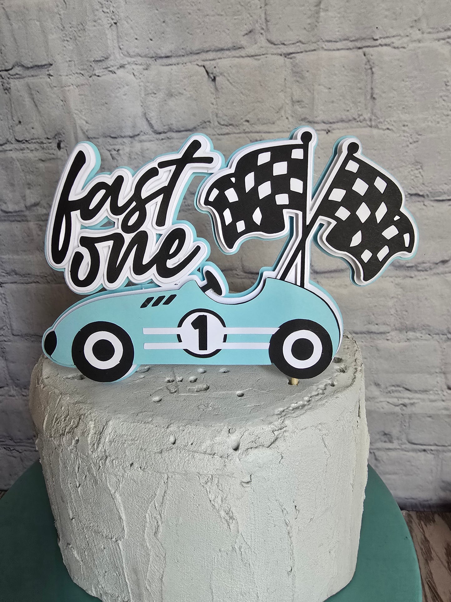 1st lap around the track vintage Racecar Birthday Fast One Racecar Birthday Cake Topper Banner