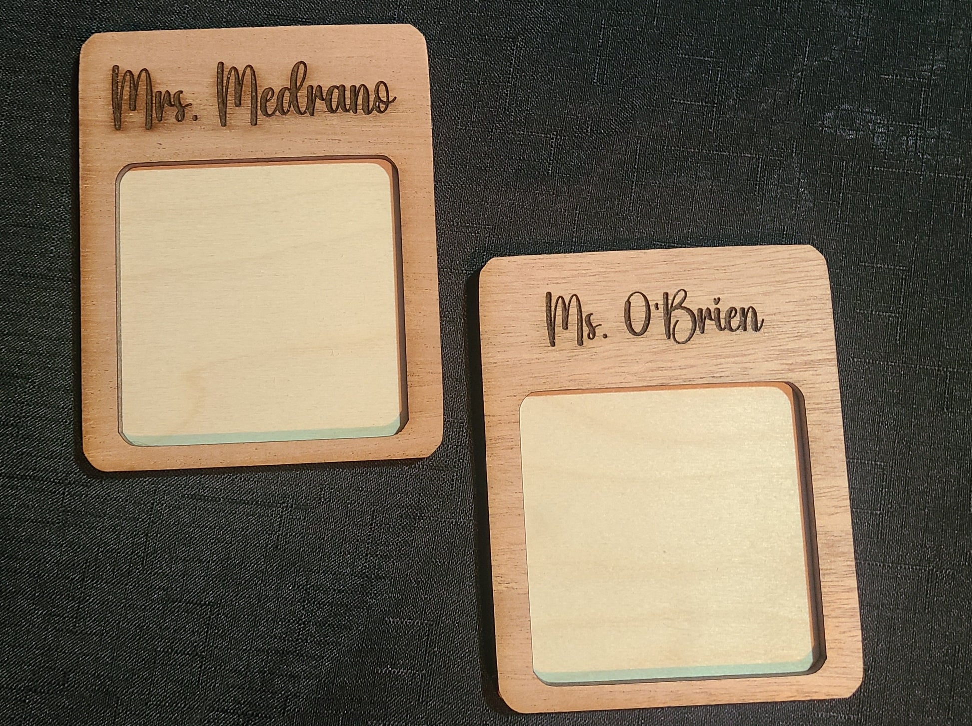 Engraved wood post it note holders