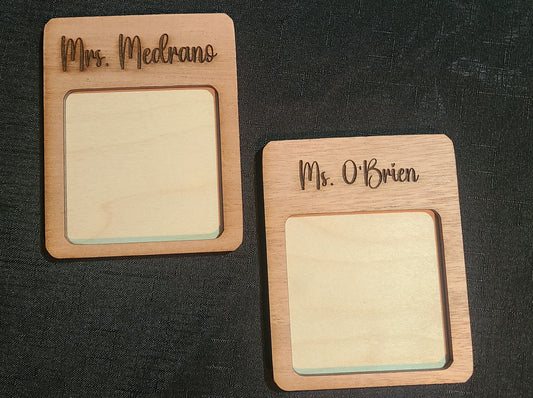 Engraved wood post it note holders