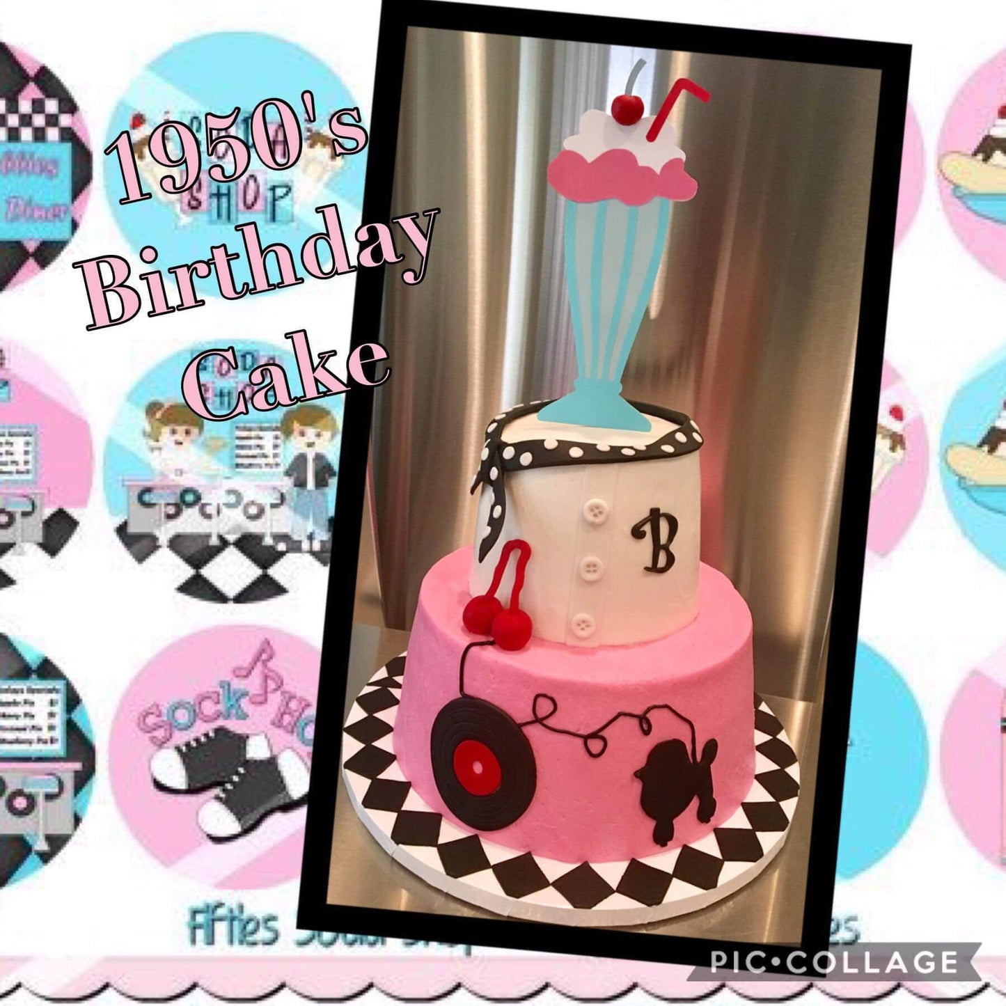 MILKSHAKE CAKE TOPPER Free Shipping 50s Birthday 50s Party Poodle Skirts Records Sock Hop