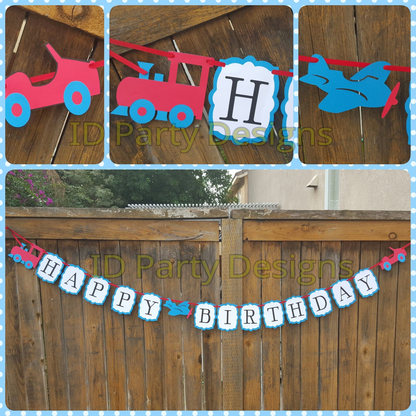 TRANSPORTATION BANNER Trains Planes and Automobiles Birthday Transportation Cake Banner Garland Cupcake Centerpiece Train Banner