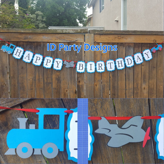 TRANSPORTATION BANNER Trains Planes and Automobiles Birthday Transportation Cake Banner Garland Cupcake Centerpiece Train Banner