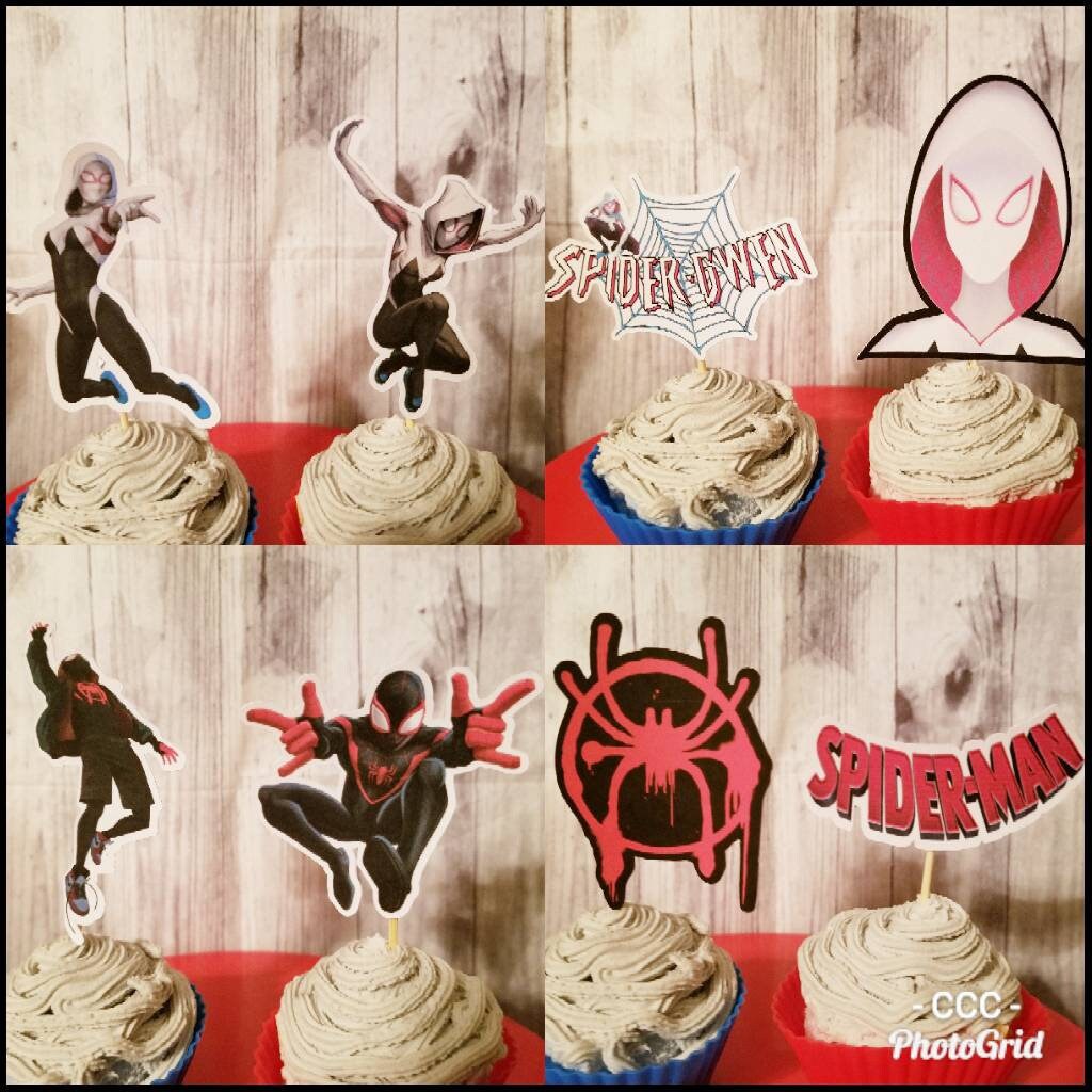 MILES MORALES SPIDERGWEN into the Spider VeRSE Spiderverse Miles BaNNER Spider Gwen Birthday Super Hero Decor Cupcake topper