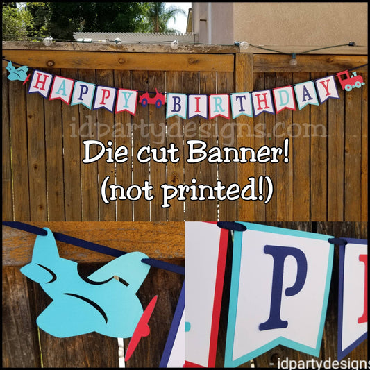 TRANSPORTATION BANNER Trains Planes and Automobiles Birthday Transportation Cake Banner Garland Cupcake Centerpiece Things That Go