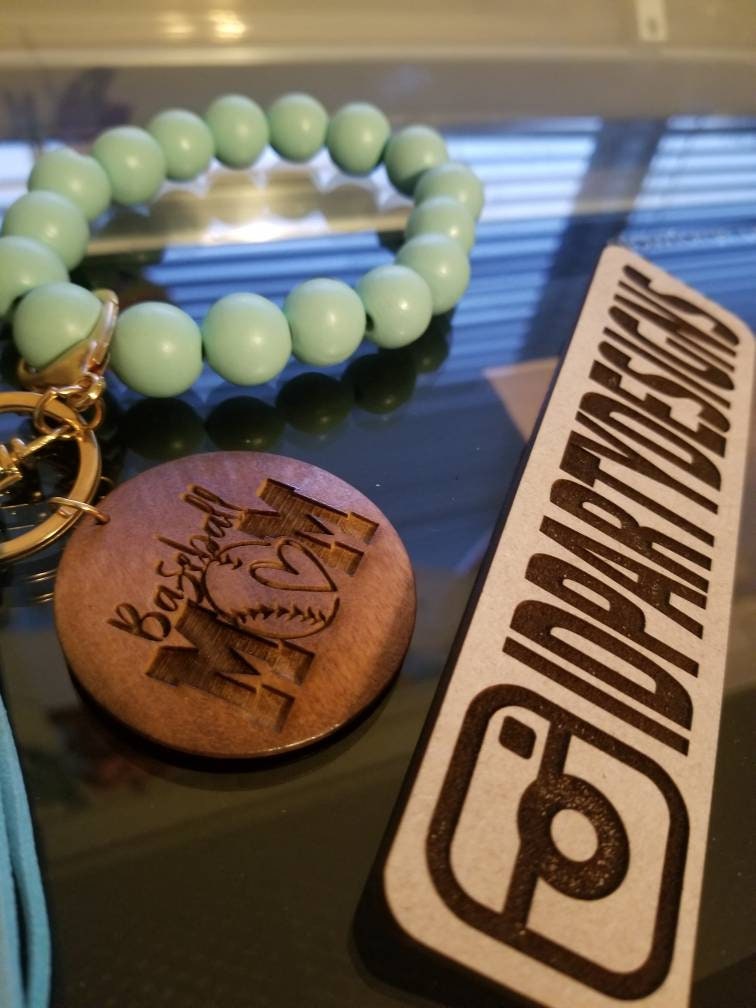 3 piece BASEBALL MOM KEYCHAIN Beads Fringe wood engraved key chain Mahogany Wood Fob