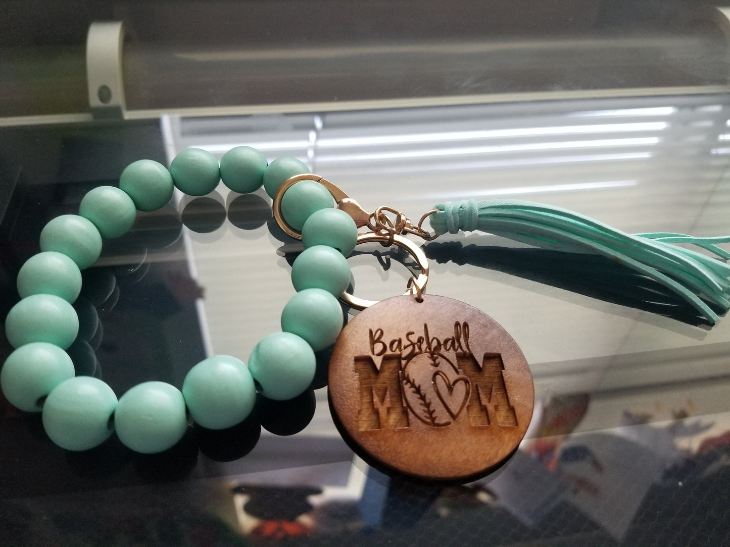 3 piece BASEBALL MOM KEYCHAIN Beads Fringe wood engraved key chain Mahogany Wood Fob