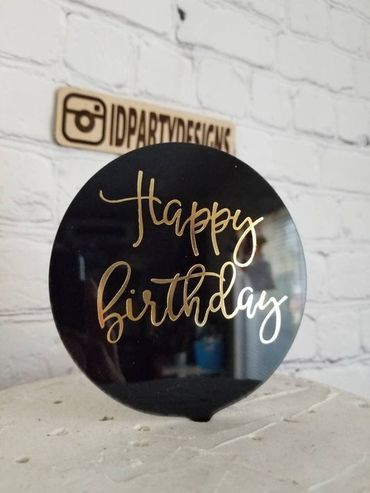 ACRYLIC CAKE TOPPER Black and Gold Black and Holographic Happy Birthday