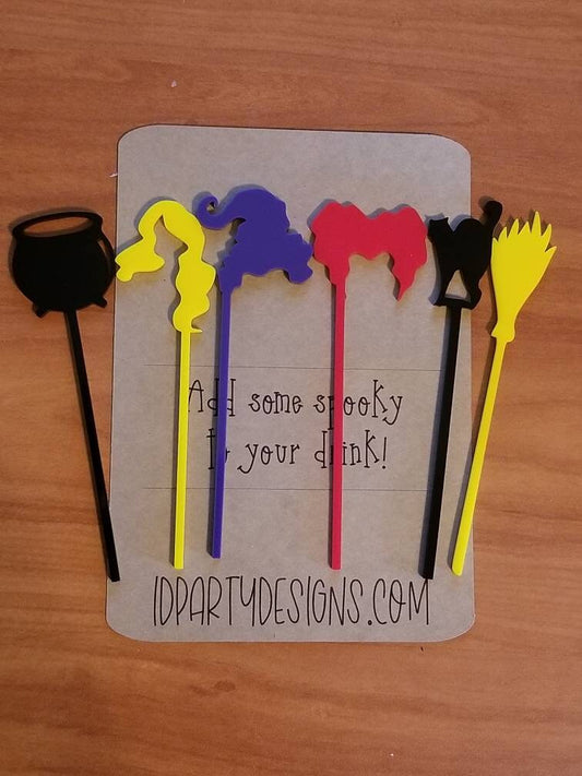 HALLOWEEN STIR STICKS Drink Markers Acrylic Hocus Pocus Witch Pumpkin Binks Cauldron Broom