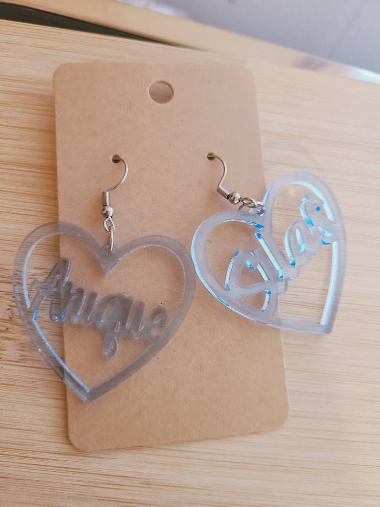 NAME HEART EARRINGS Acrylic Hoop Christmas Valentines Day Birthday