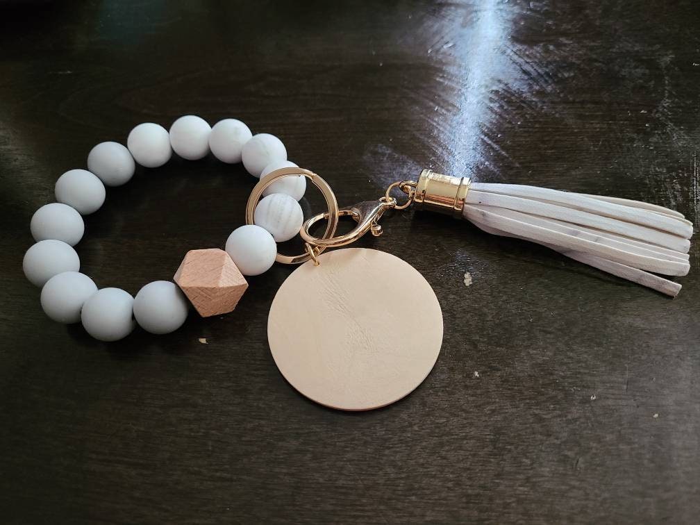 WRISTLET KEYCHAIN KEY Holder Beads Fringe wood engraved key chain Mahogany Wood Fob