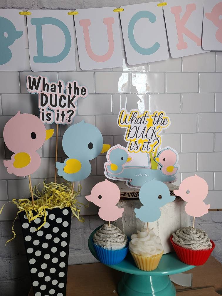 WHAT THE DUCK Is It? Gender Reveal Centerpiece Cake Topper Banner Stickers Game