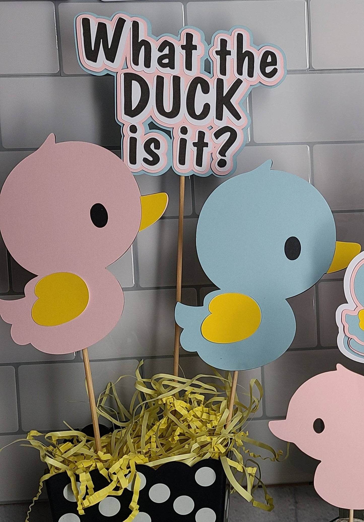 WHAT THE DUCK Is It? Gender Reveal Centerpiece Cake Topper Banner Stickers Game