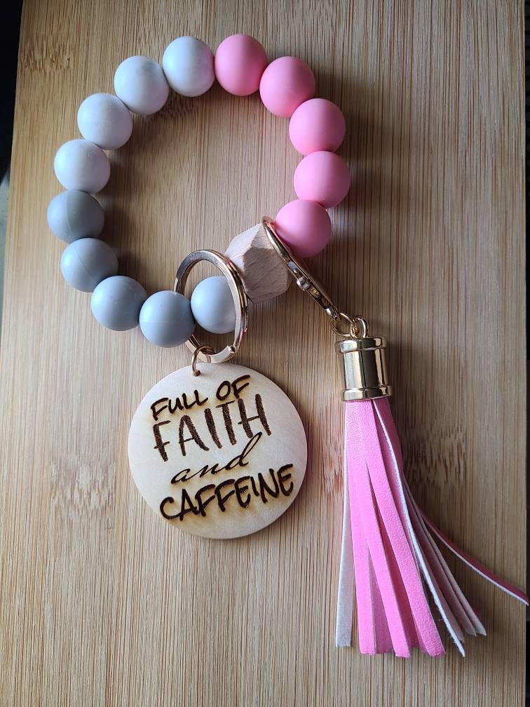 FULL OF FAITH and Caffeine Silicon Bead Bracelet Keychain Key Fob Wristlet