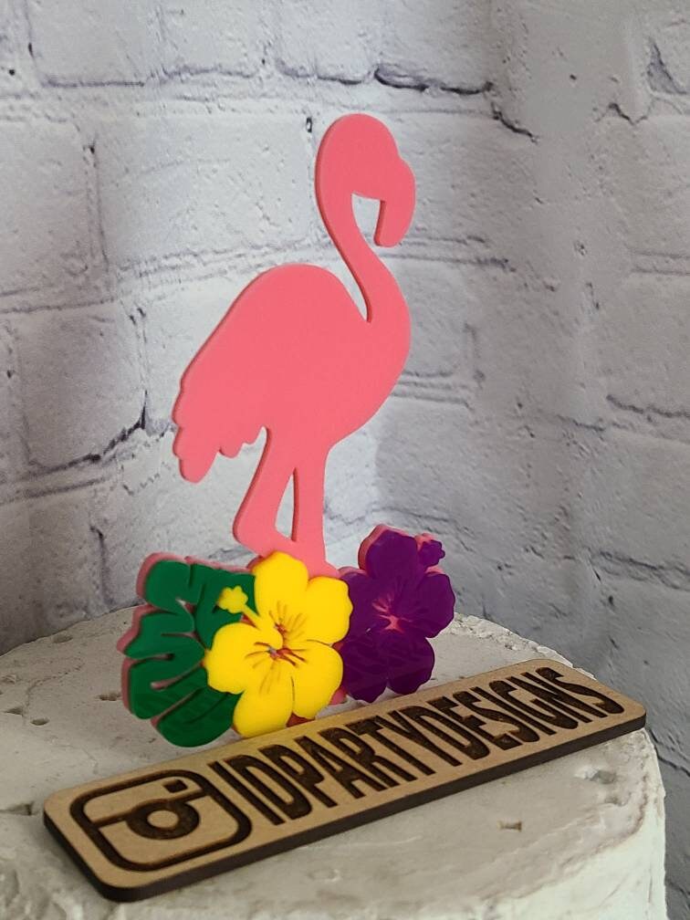 TROPICAL FLAMINGO LUAU Acrylic Topper Hawaii Hawaiian Hibiscus