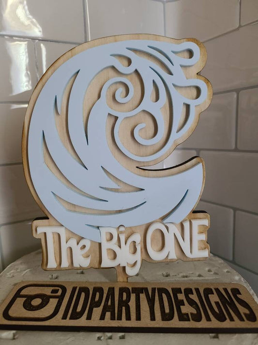 THE BIG ONE Surf Wave Surfer Wood and Acrylic Cake Topper