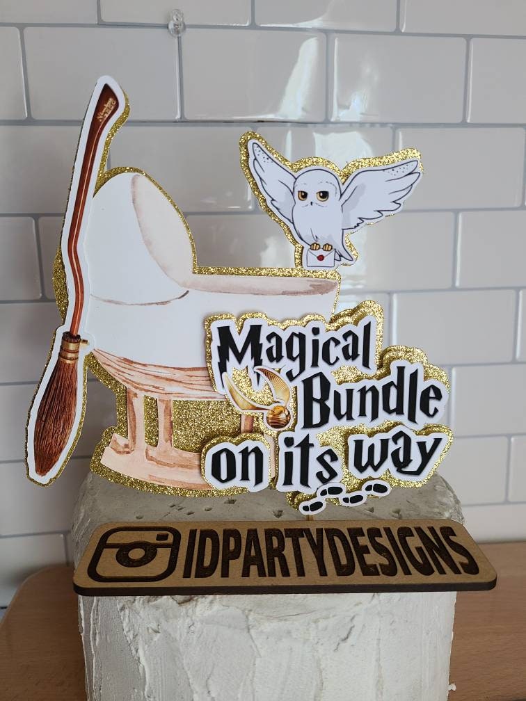 Harry Potter MAGICAL BUNDLE CAKE Topper Gold Baby Blue Pink Owl Broom Magic Lightning