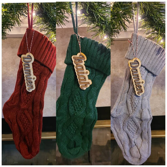 KNIT STOCKING with WOOD Name Tag Cream, Gray, Red, Green Stocking tag