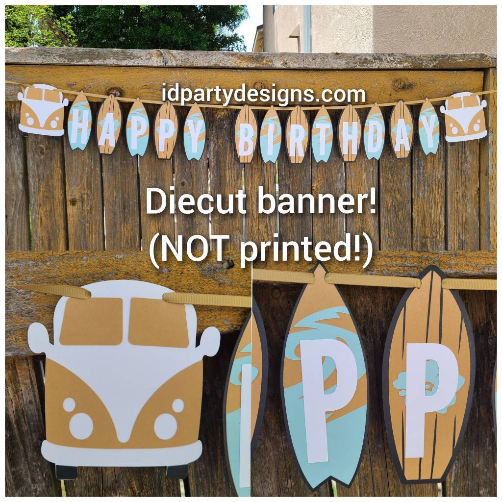 SURFING CAKE TOPPER SURFEr The Big One Cake Surf Topper Bus Van Surfing banner Surfer Birthday Beach Birthday Beach Party Totally Two-bular