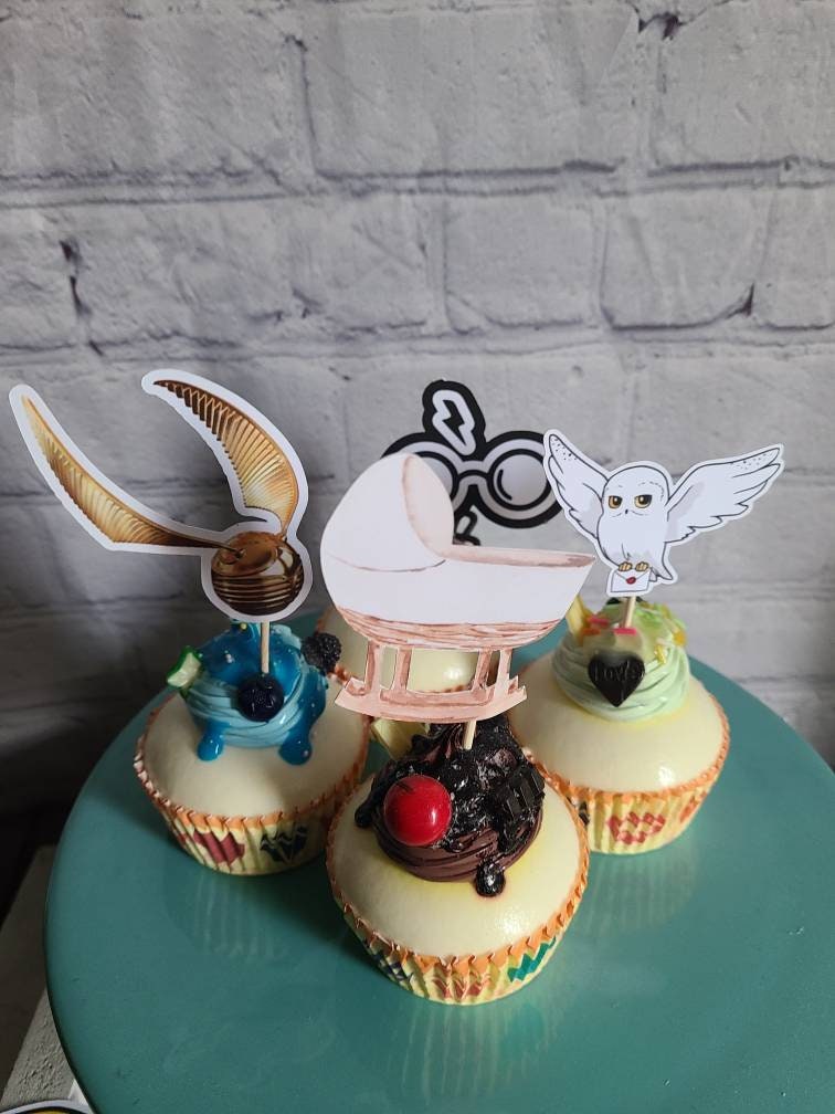 Harry Potter MAGICAL BUNDLE CAKE Topper Gold Baby Blue Pink Owl Broom Magic Lightning