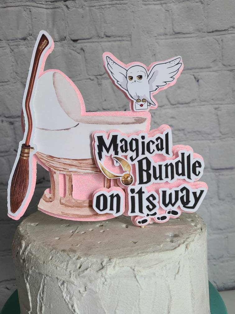 Harry Potter MAGICAL BUNDLE CAKE Topper Gold Baby Blue Pink Owl Broom Magic Lightning