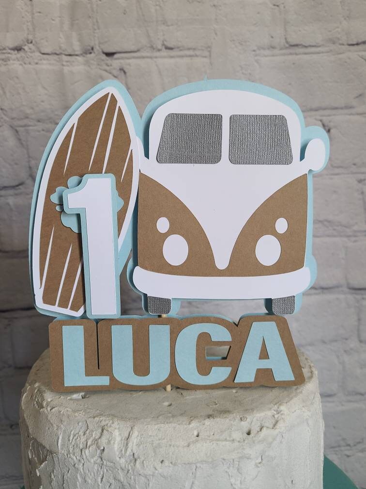 SURFING CAKE TOPPER SURFEr Baby Girl Pink Baby On Baby Baby Shower Cake Surf Topper Bus Van Surfer Birthday Beach Party Totally Two-bular