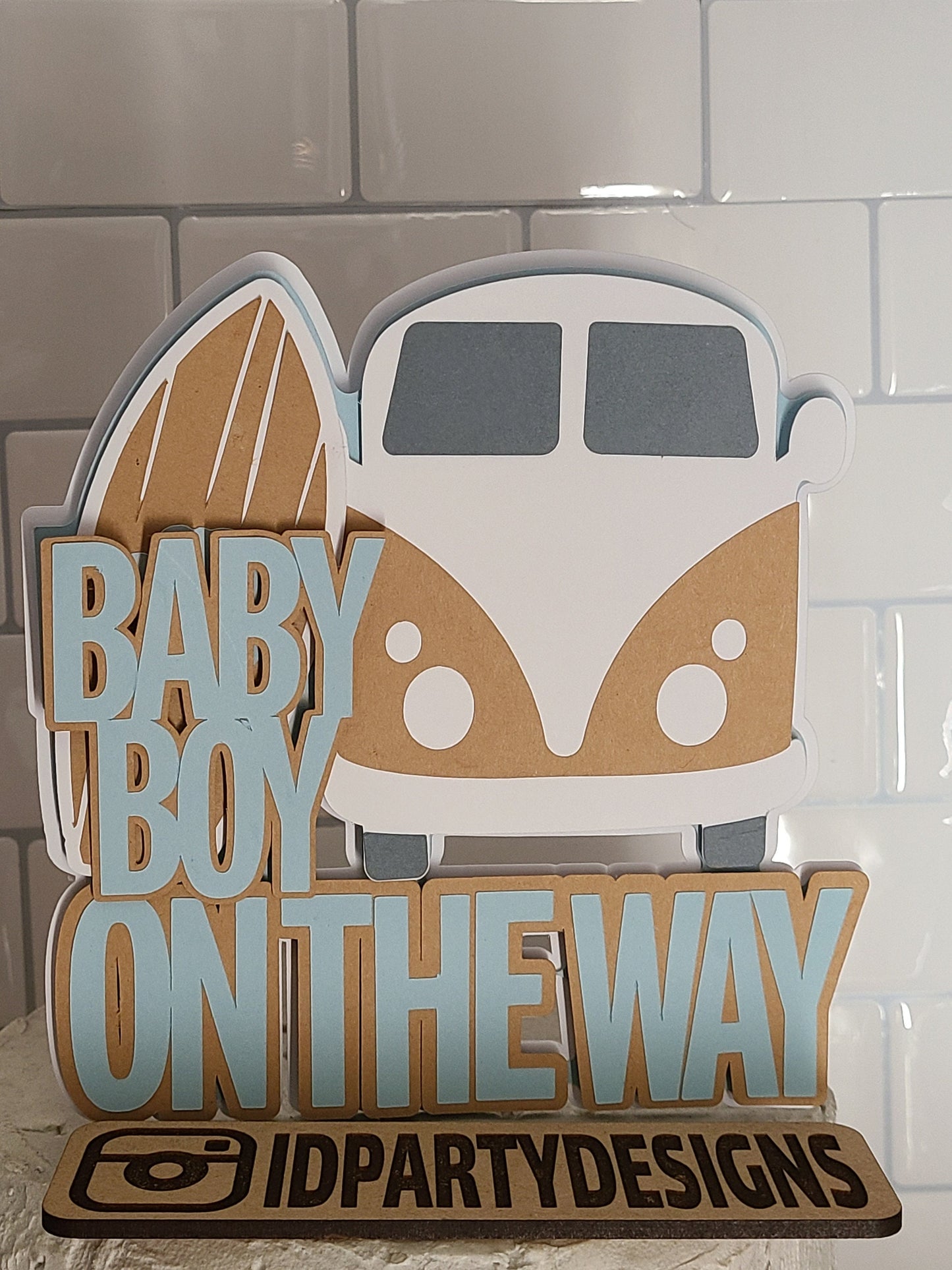 SURFING CAKE TOPPER SURFER Baby On Baby Baby Shower Cake Surf Topper Bus Van Surfing banner Surfer Birthday Beach Party Totally Two-bular