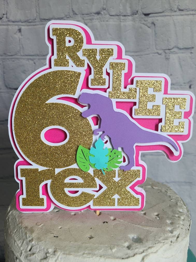 DINOSAUR 3 REX  Girl Birthday Cake Topper Pastel Dino 2 Wild