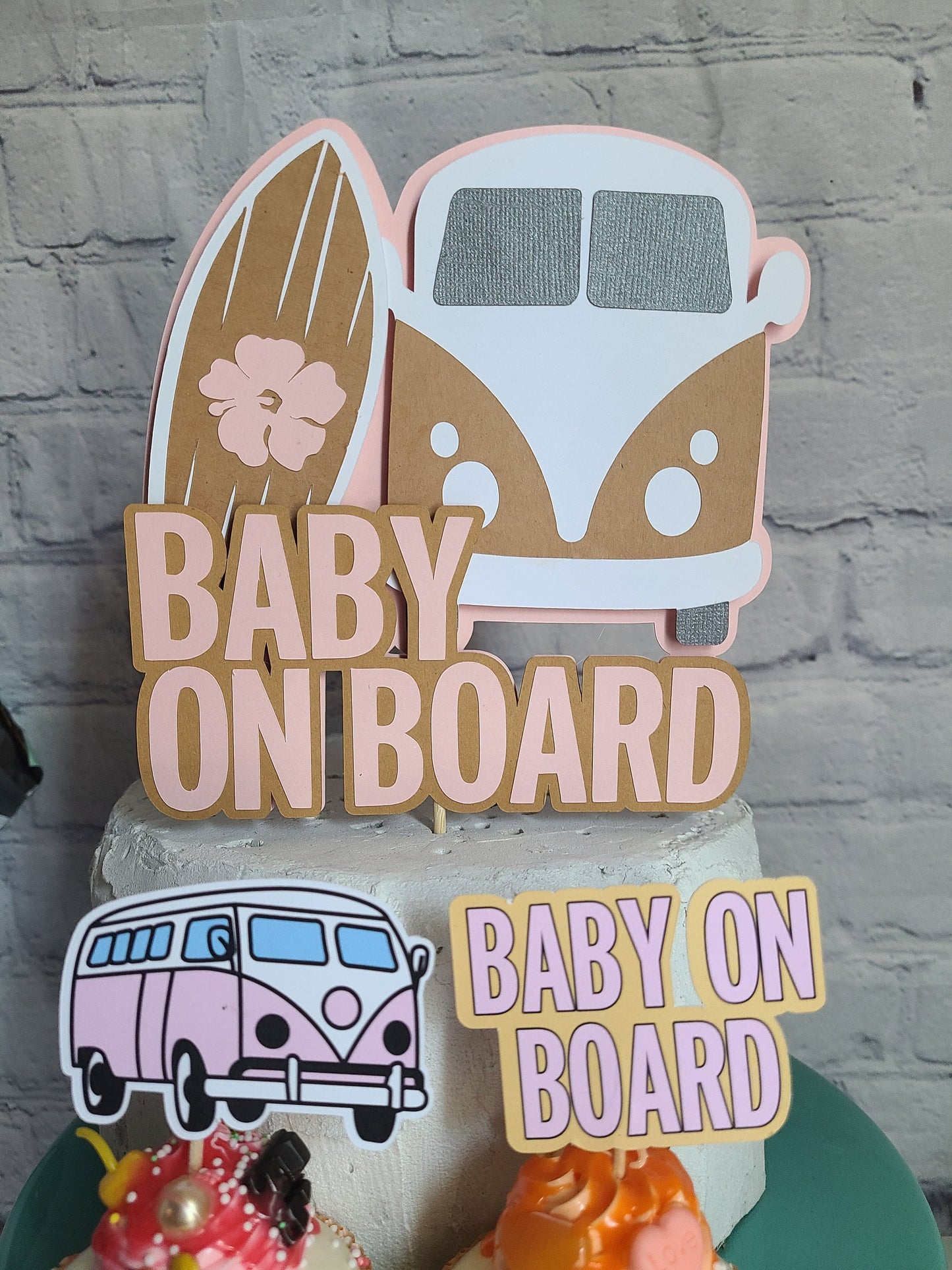 SURFING CAKE TOPPER SURFEr Baby Girl Pink Baby On Baby Baby Shower Cake Surf Topper Bus Van Surfer Birthday Beach Party Totally Two-bular