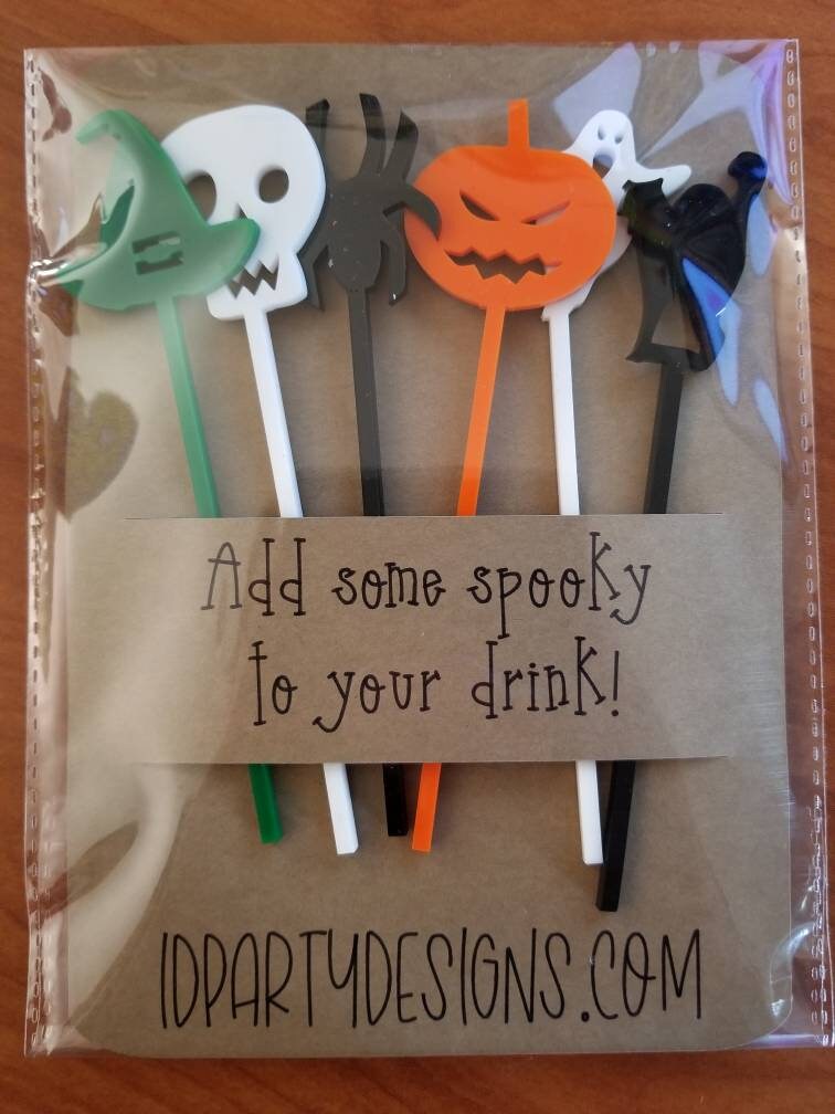 HALLOWEEN STIR STICKS Drink Markers Acrylic Hocus Pocus Witch Pumpkin Binks Cauldron Broom