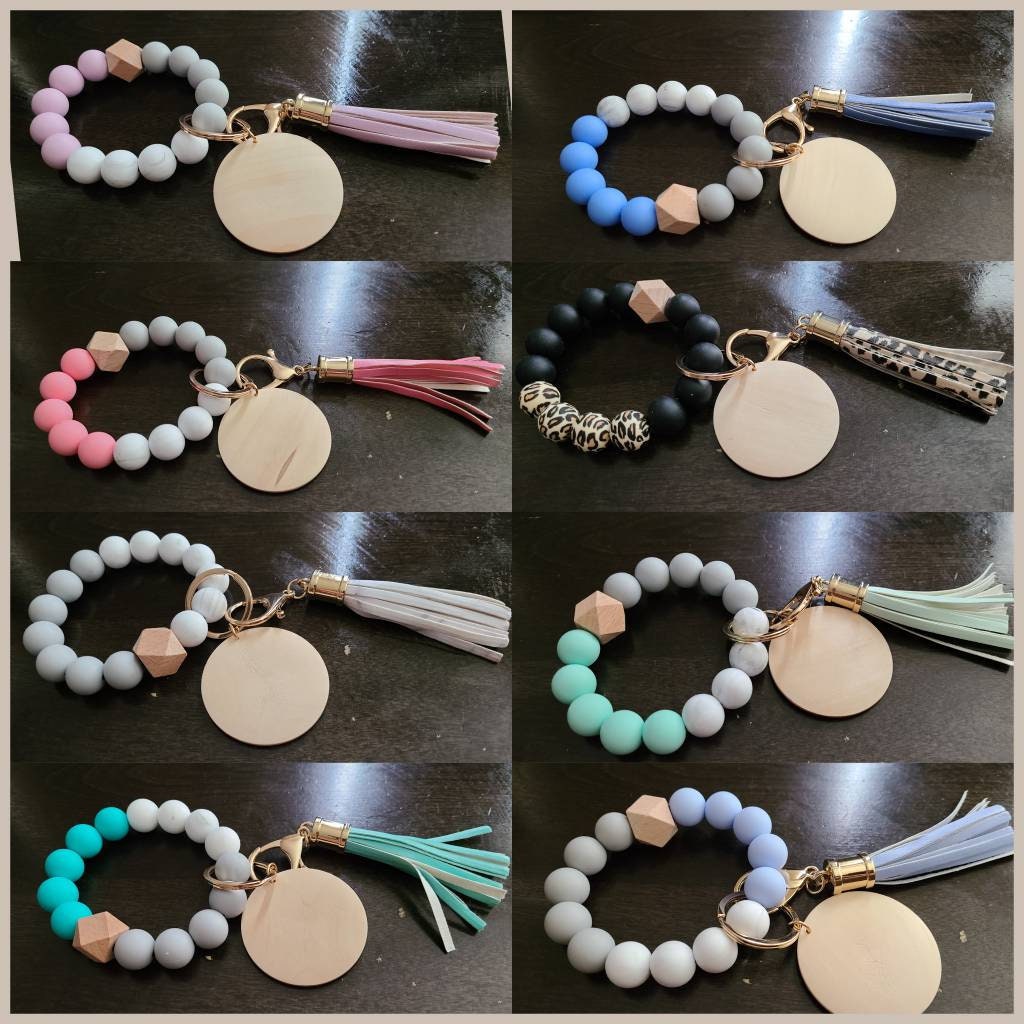 WRISTLET KEYCHAIN KEY Holder Beads Fringe wood engraved key chain Mahogany Wood Fob