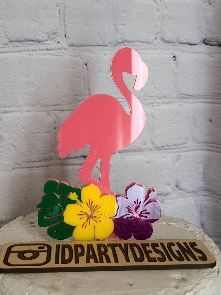 TROPICAL FLAMINGO LUAU Acrylic Topper Hawaii Hawaiian Hibiscus