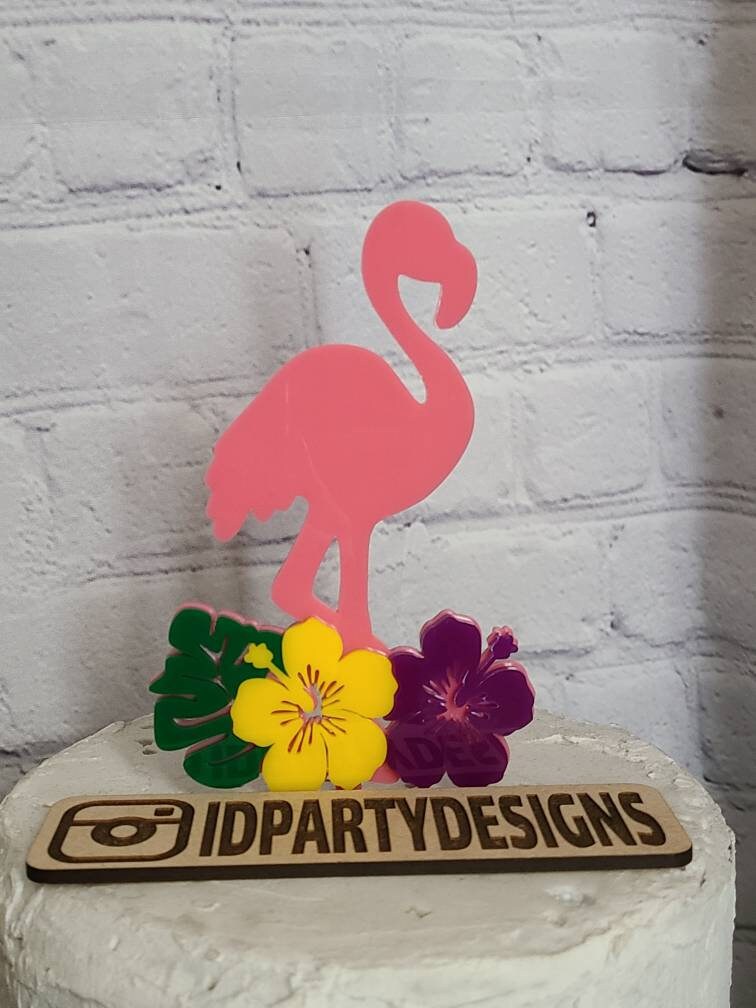 TROPICAL FLAMINGO LUAU Acrylic Topper Hawaii Hawaiian Hibiscus