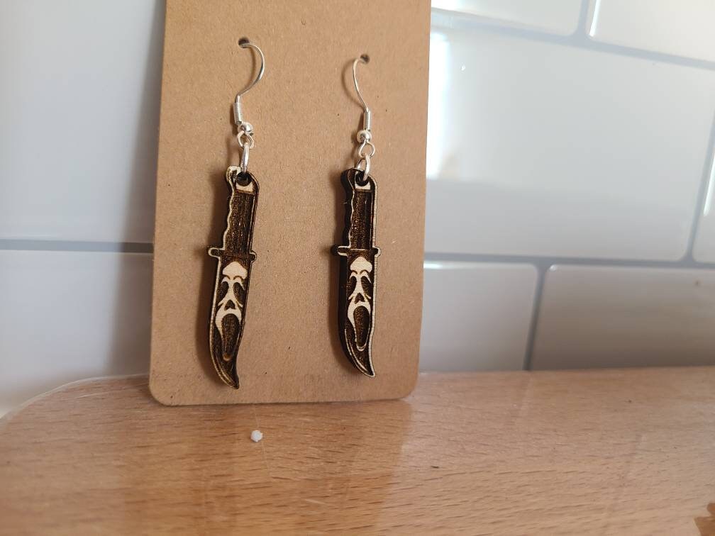 HALLOWEEN HORROR MOVIE Wood Engraved Earrings Michael Scream Chucky Jason