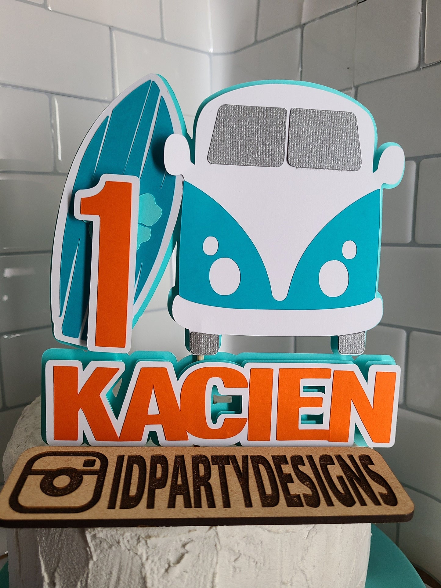 SURFING CAKE TOPPER SURFEr The Big One Cake Surf Topper Bus Van Surfing banner Surfer Birthday Beach Birthday Beach Party Totally Two-bular