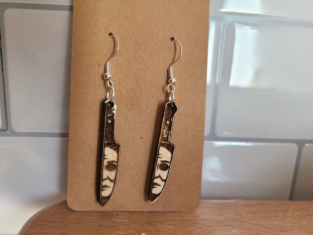 HALLOWEEN HORROR MOVIE Wood Engraved Earrings Michael Scream Chucky Jason