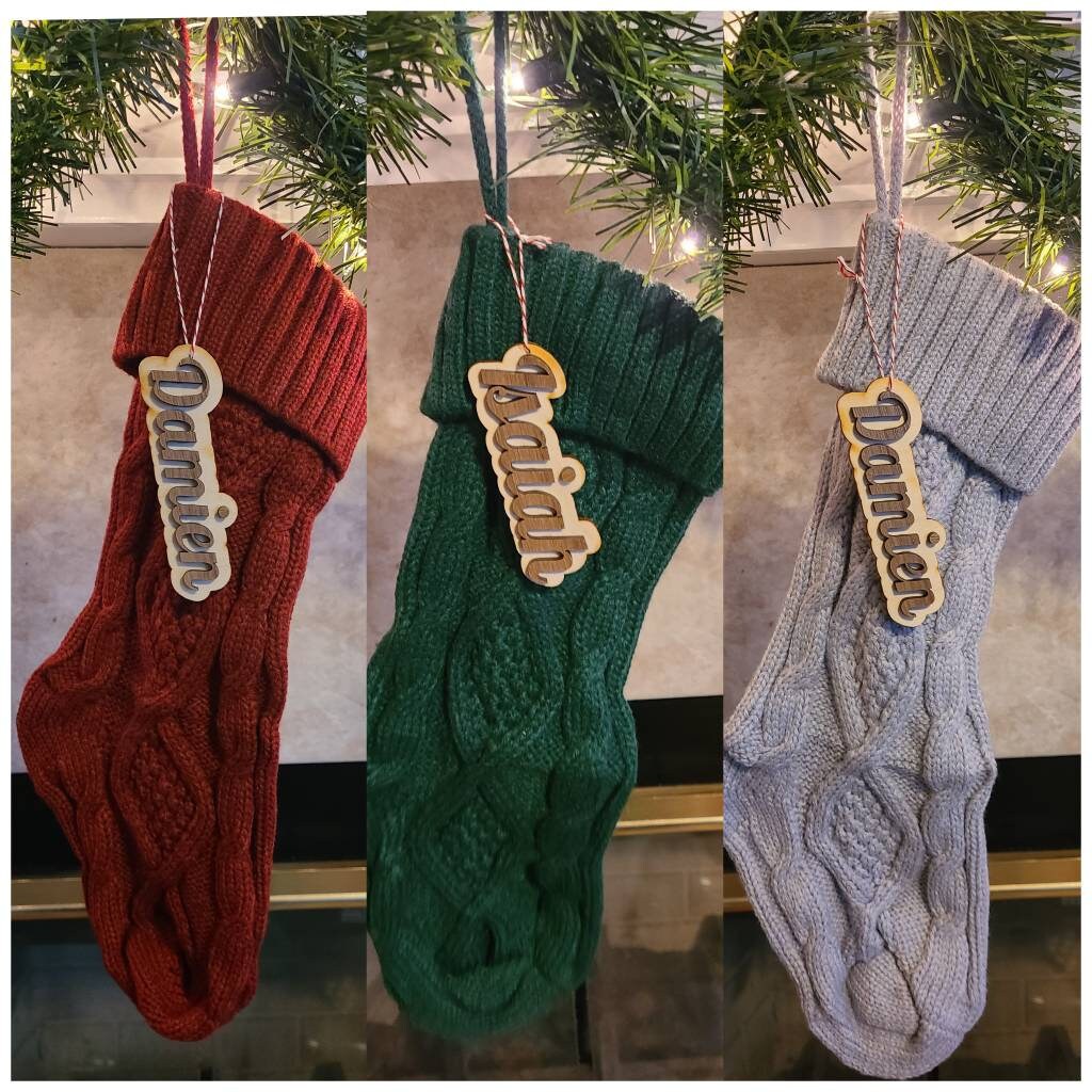 KNIT STOCKING with WOOD Name Tag Cream, Gray, Red, Green Stocking tag