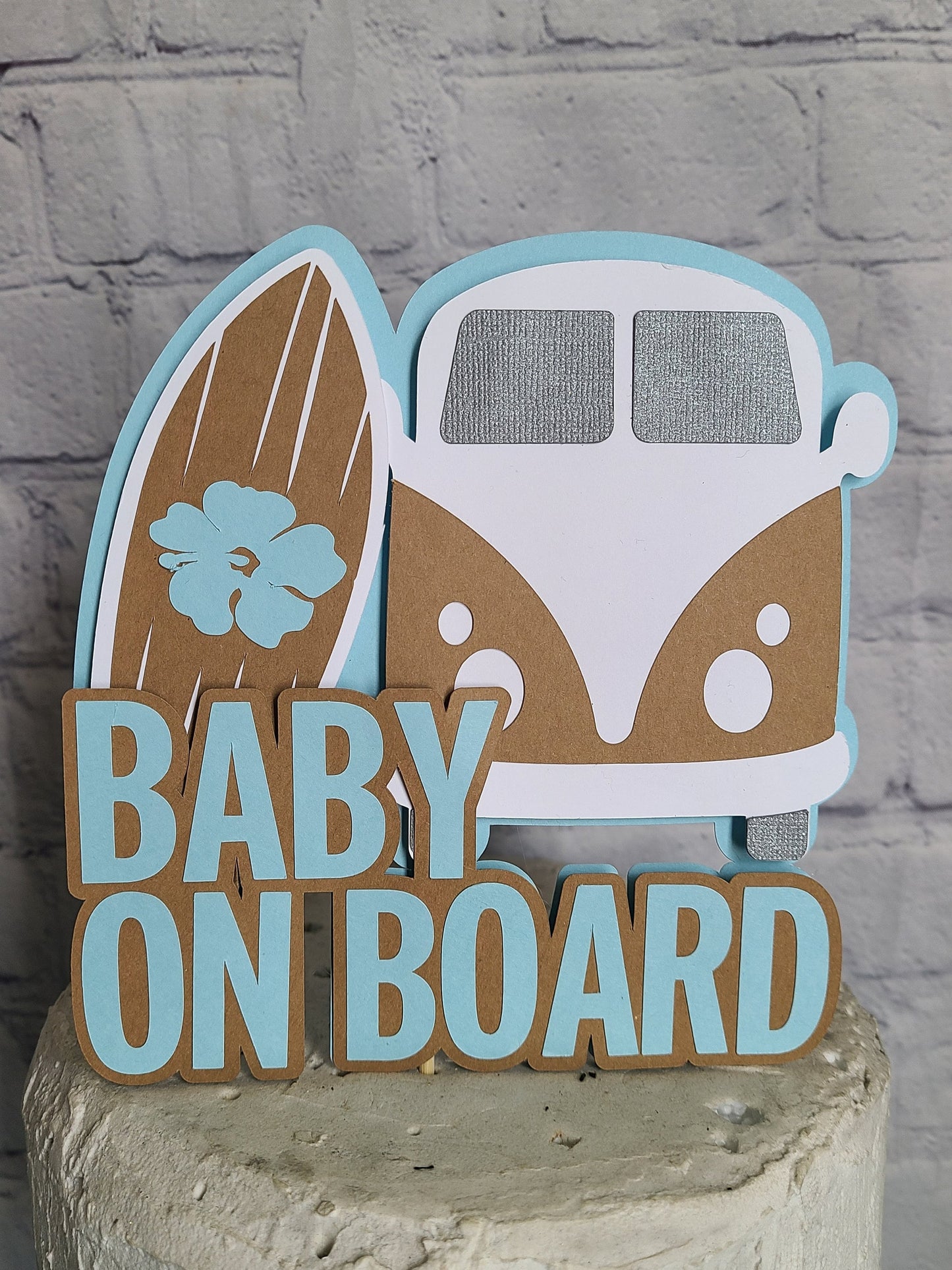 SURFING CAKE TOPPER SURFEr Baby Girl Pink Baby On Baby Baby Shower Cake Surf Topper Bus Van Surfer Birthday Beach Party Totally Two-bular