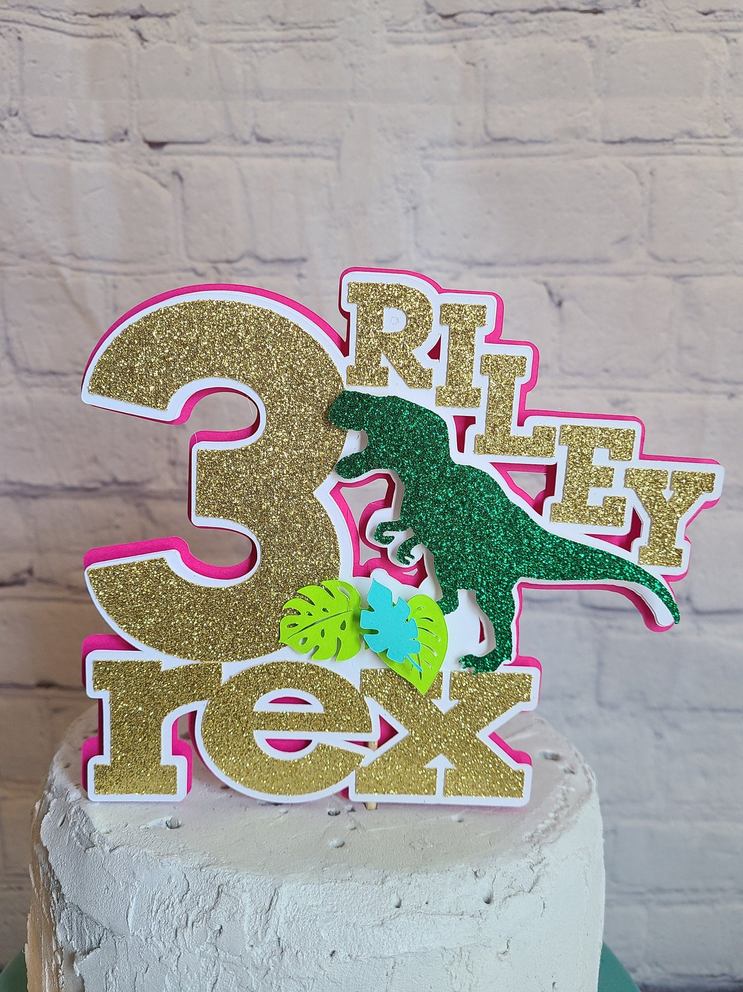 DINOSAUR 3 REX  Girl Birthday Cake Topper Pastel Dino 2 Wild