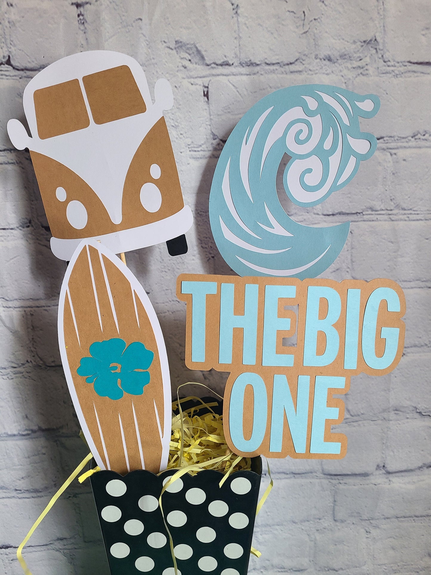 SURFING CAKE TOPPER SURFEr The Big One Cake Surf Topper Bus Van Surfing banner Surfer Birthday Beach Birthday Beach Party Totally Two-bular